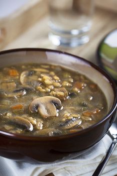 Bowl of barley and Mushroom soup vertical