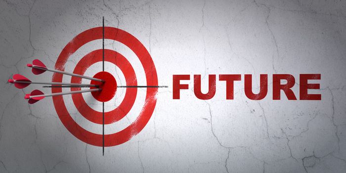 Success timeline concept: arrows hitting the center of target, Red Future on wall background, 3d render