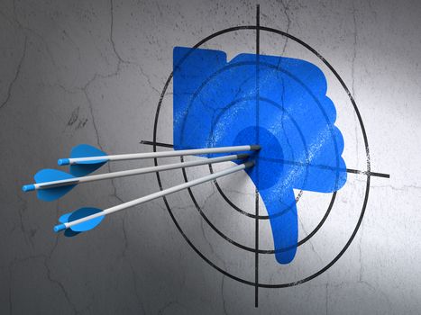 Success social network concept: arrows hitting the center of Blue Thumb Down target on wall background, 3d render