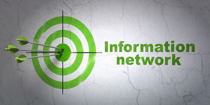 Success Data concept: arrows hitting the center of target, Green Information Network on wall background, 3d render