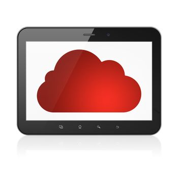 Cloud computing concept: black tablet pc computer with Cloud icon on display. Modern portable touch pad on White background, 3d render