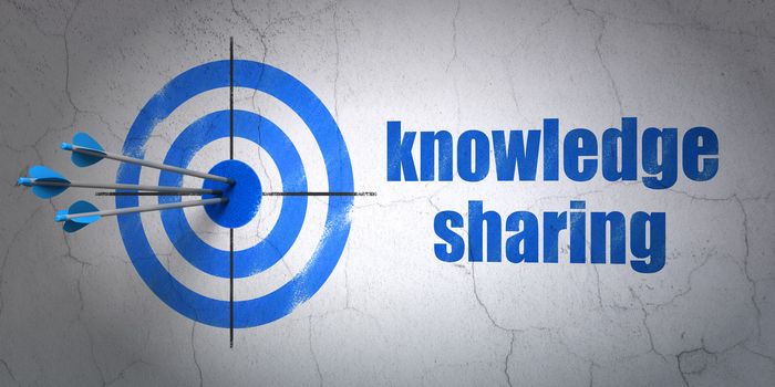 Success Education concept: arrows hitting the center of target, Blue Knowledge Sharing on wall background, 3d render
