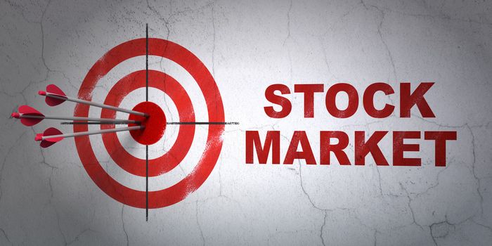 Success finance concept: arrows hitting the center of target, Red Stock Market on wall background, 3d render