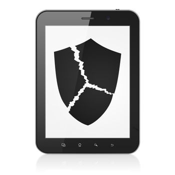 Privacy concept: black tablet pc computer with Broken Shield icon on display. Modern portable touch pad on White background, 3d render