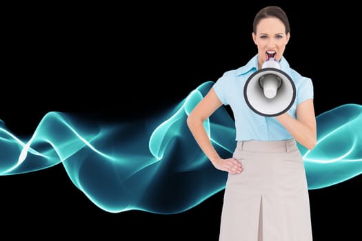 Composite image of furious classy businesswoman talking in megaphone while posing