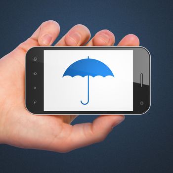 Privacy concept: hand holding smartphone with Umbrella on display. Mobile smart phone on Blue background, 3d render
