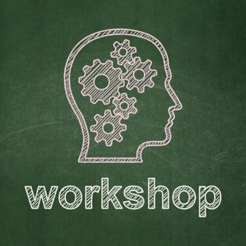 Education concept: Head With Gears icon and text Workshop on Green chalkboard background, 3d render