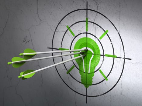 Success finance concept: arrows hitting the center of Green Light Bulb target on wall background, 3d render