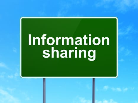 Data concept: Information Sharing on green road (highway) sign, clear blue sky background, 3d render