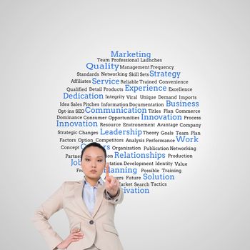 Composite image of unsmiling asian businesswoman pointing