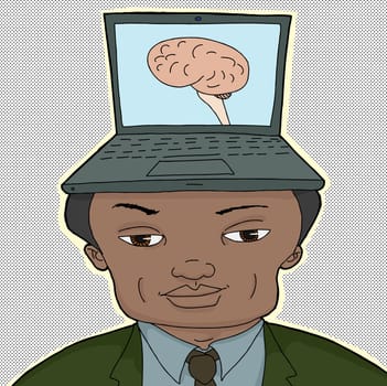 Businessman with computer brain in laptop on head