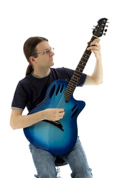 Guitarist with a blue guitar on a white background