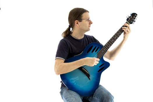 Guitarist with an electroacoustic guitar on white background (Series with the same model available)
