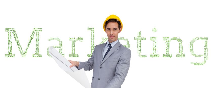 Composite image of serious architect with hard hat holding plans