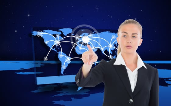 Composite image of blonde businesswoman pointing somewhere