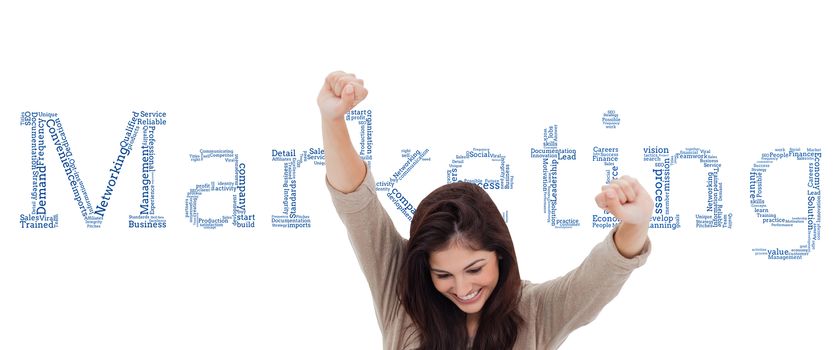 Composite image of pretty brunette cheering while using laptop