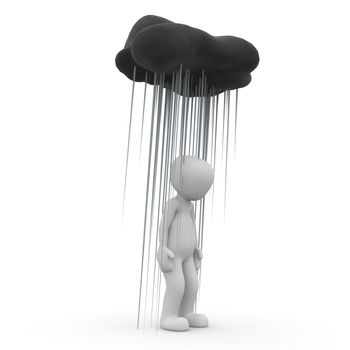 A sad 3D character under a rainy cloud.