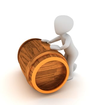 A 3D character pushing a wine barrel.