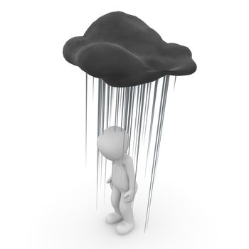 A 3D character under a black rain cloud