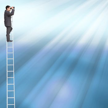 Composite image of businessman standing on ladder using binoculars 