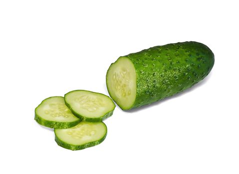 Cucumber and slices isolated over white background with clipping path