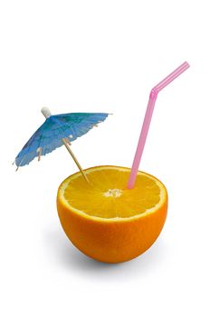 Close-up of orange with a straw and umbrella, isolated on white