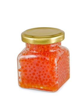 Red salmon caviar in glass jar on a white background