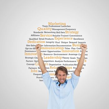 Composite image of happy man celebrating success with arms up