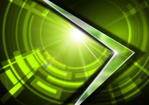 Abstract background in green glass with geometric shapes and metal arrow with reflections