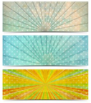 Set of three vintage banners with sunbeams stripes and white dots
