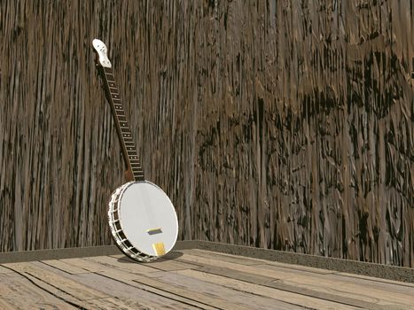 One banjo in a room of brown wood