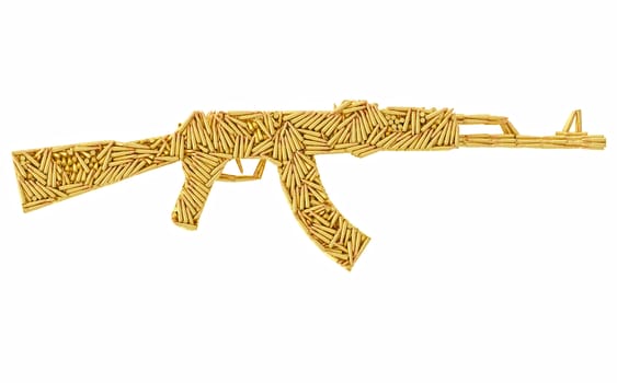 Assault rifle shape composed of ammunition cartridges isolated on white. High resolution 3D image
