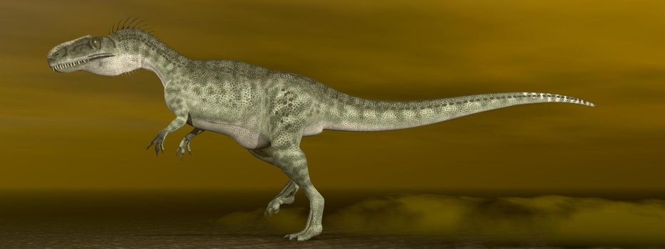 Monolophosaurus dinosaur walking on the ground in brown background