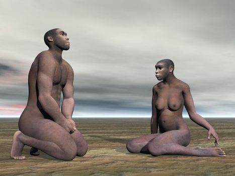 Male and female homo erectus bust sitting on the ground by grey cloudy day