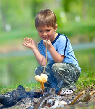 Cute boy cooking sausage by bonfire in hike.