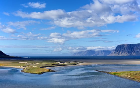 Iceland summer landscape. Fjord and mountains. Panorama.