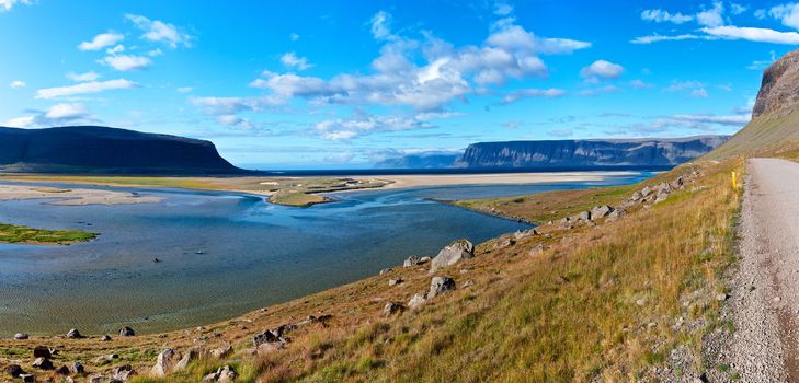 Iceland summer landscape. Fjord and mountains. Panorama.