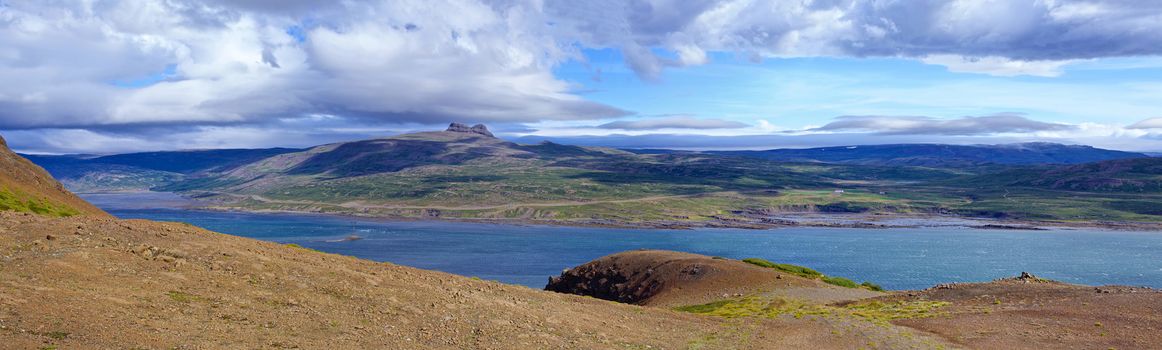 Iceland summer landscape. Fjord and mountains. Panorama.