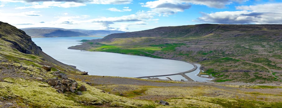 Iceland summer landscape. Fjord and mountains. Panorama.