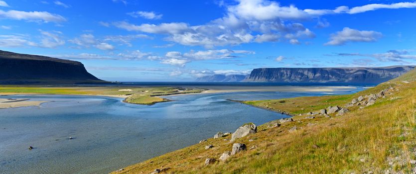 Iceland summer landscape. Fjord and mountains. Panorama.