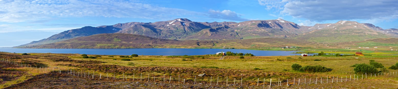 Iceland summer landscape. Fjord and mountains. Panorama.