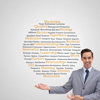 Composite image of young businessman presenting something