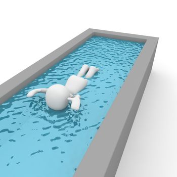 A 3d charalter swims in a pool.