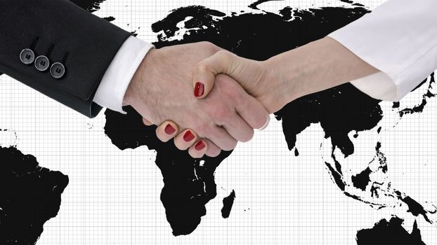 Business man and woman shaking hands with map of the world in background.