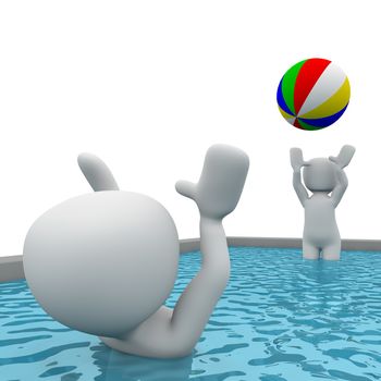 Two 3D characters playing ball in a waterpool.