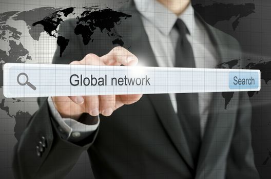 Global network written in search bar on virtual screen.