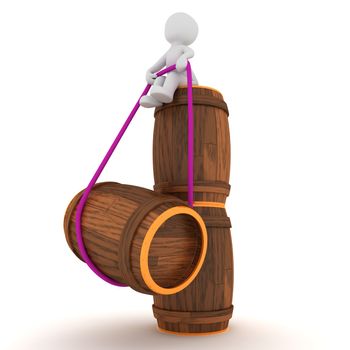 A 3d character tries to lift a barrel.