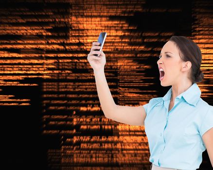 Composite image of angry classy businesswoman yelling at her smartphone