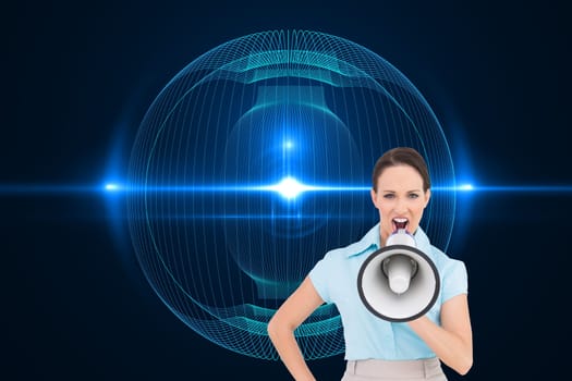 Composite image of furious classy businesswoman talking in megaphone while posing