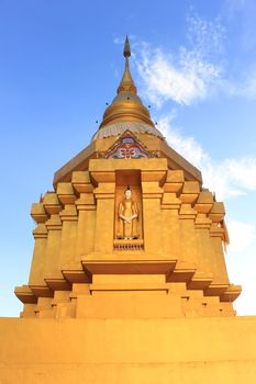 Front view Pinitphrasart temple on blue sky with soft light.